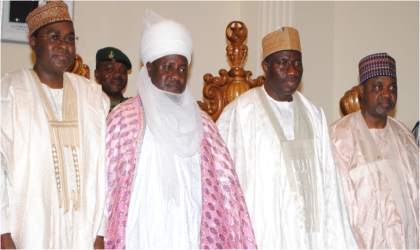 From right: Vice President Namadi Sambo, President Goodluck Jonathan, Emir of Bauchi, Alhaji Rilwanu Suleiman Adamu and Gov. Isah Yuguda of Bauchi State during the President’s visit to the Emir's Palace in Bauchi, yesterday.