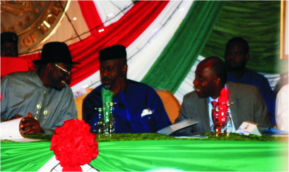 President Goodluck Jonathan (left), Senator Liyel Imoke (middle) and Governor Chibuike Rotimi Amaechi discussing during the South-South delegates meeting in Port Harcourt, yesterday.