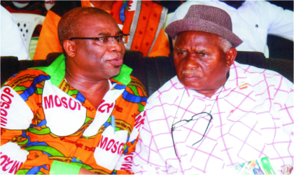 President of Ogbakor Ikwerre, Chief Sampson Agbaru (right) with President, Movement for the Survival of Ogoni People (MOSOP), Barrister Ledum Mitee, during the 19th Ogoni Day celebration in Bori, yesterday. Photo: Chris Monyanaga