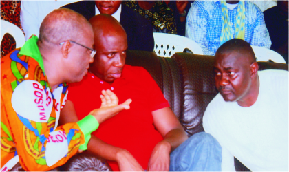 FRED07011102 Rivers State Governor, Rt. Hon. Chibuike Rotimi Amaechi (middle) and Secretary to State Government, Hon. Magnus Abe (right) listening to the President, Movement for the Survival of Ogoni People (MOSOP), Barr. Ledum Mitee, during the 19th Ogoni Day celebration at Bori, on Tuesday.