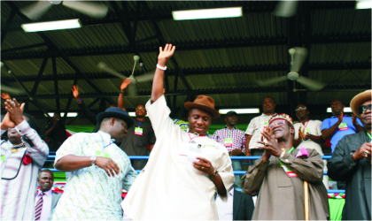 Rivers State Governor, Rt. Hon.Chibuike Rotimi Amaechi (middle) acknowledges victory at the Peoples Democratic Party (PDP) governorship primary held at the Sharks Football Stadium, Port Harcourt, yesterday.