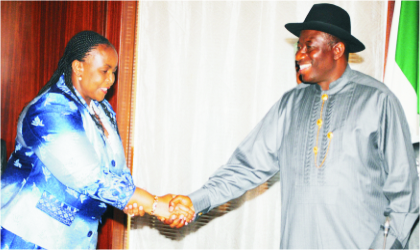 FRED10011103 President Goodluck Jonathan in a handshake with South African Minister of International Relations and Cooperation, Ms Maite Nkoane Mashabane during her visit in Abuja, last Thursday.