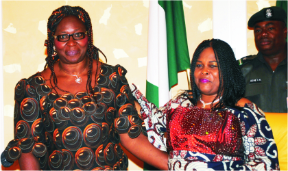 Nigeria’s First Lady, Dame Patience Jonathan (right) and Founder, Women, Peace and Development Initiatives, Dr Bolere Ketebu, during the meeting of female leaders and stakeholders from Plateau State at the Presidential Villa in Abuja, last Friday.