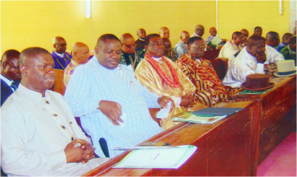 Rivers State Deputy Governor, Engr Tele Ikuru (2nd left) and Commissioner for Works (left) with other chiefs during a thanksgiving service for newly promoted Maj.-Gen. Kenneth Minimah, at St. Paul’s Church, Opobo Town, recently.