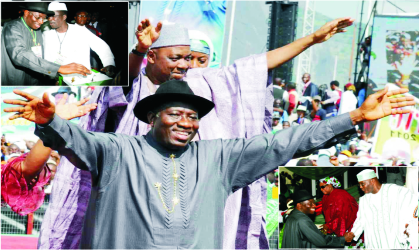 Nigeria’s President Goodluck Jonathan and Vice President Namadi Sambo waving to their supporters; Insert (Above), President Jonathan casting his vote during the presidential primaries, Insert (below) Jonathan in a handshake with a presidential aspirant, Alhaji Atiku Abubakar, at the Eagles Square, venue of the Peoples Democratic Party (PDP) primaries held in Abuja, yesterday.