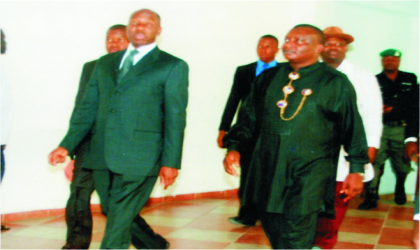 Rivers State Governor, Rt. Hon. Chibuike Amaechi (left) leaving the Rivers State Housing of Assembly Complex shortly after presenting the 2011 Appropriation Bill to the House, recently. With him are his deputy, Engr Tele Ikuru and Deputy Speaker of the House, Hon. Dumnamene Deekor. Photo: Chris Monyanaga