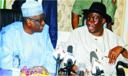 President Goodluck Jonathan (right) with Acting National Chairman of Peoples Democratic Party (PDP), Alhaji Bello Mohammed, during the party’s National Executive Committee (NEC) meeting in Abuja, on Tuesday.