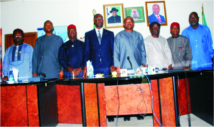 From right: Governors of South-South, South-East geo-political zone, Liyel Imoke (Cross River State), Theodore Orji (Abia State), Emmanuel Uduaghan (Delta State), Peter Obi (Anambra State and chairman of occasion), Timipre Sylva (Bayelsa State), Martins Elechi (Ebonyi State), Sullivan Chime (Enugu State) and Patrick Ekpotu (Akwa Ibom) after their meeting at Government House, Asaba, Delta State, in support of Jonathan’s victory at the Peoples Democratic Party Presidential Primary, yesterday.