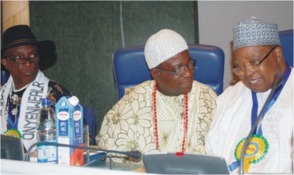 L-R: Chairman, Aba State Movement, Eze Love Wogu, Ijeni 1, Olu of Famia, Ile-ife, Osun State, Oba Kamoru Akinyele and former Senate President, Dr Joseph Wayas, during a national conference on creation of states in Abuja, yesterday.