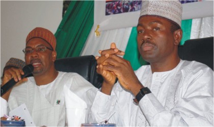 Minister of Tourism, Culture and National Orientation, Alhaji Abubakar Mohammed (left), presenting his 2010 score card in Abuja, yesterday. With him is the Minister of Information and Communications, Mr Labaran Maku.