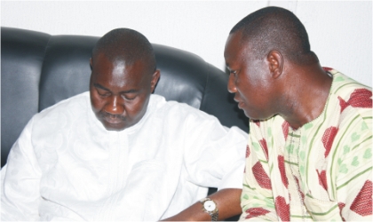 Former Secretary to State Government and senatorial candidate for Rivers South-East, Hon Magnus Abe (left) chatting with Engr King Kpunee during the funeral ceremony of late Eunice Ngbogbara, at Yeghe in Gokana Local Government Area of the State, on Saturday.