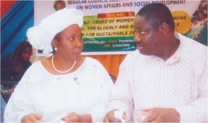 FRED04021101 Rivers State Deputy Governor, Engr Tele Ikuru, conferring with Minister of Women Affairs and Social Development, Abuja, Iyom Josephine Anenih, during the 13th Regular Council meeting of the National Council of Women Affairs and Social Development at Hotel Presidential, Port Harcourt, yesterday.
