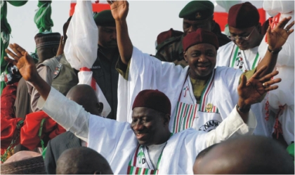 President Goodluck Jonathan (front) and Vice President Namadi Sambo arriving for the Peoples Democratic Party  (PDP) North-East zone presidential campaign flag -off  in Bauchi, last Wednesday.