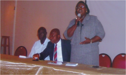 FRED10021102 Commissioner for Information and Communications, Mrs Ibim Semenitari (standing) addressing journalists ahead of Late Prof Claude Ake’s inaugural lecture organised by the Rivers State Government, slated for February 18, 2011. With her are Commissioner for Budget and Economic Planning, Hon Gogo Charles Levi and Director Government Printing Press, Mr Augustine Wikinaka