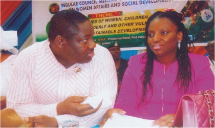 Deputy Governor of Rivers State, Engr Tele Ikuru (left) chatting with wife of the state governor, Dame Judith Amaechi, during the 13th regular Council meeting of the National Council of Women Affairs and Social Development, at Hotel Presidential, Port Harcourt, penultimate Wednesday.