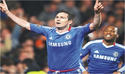 Chelsea’s Frank Lampard (left) celebrating the Blues winning goal against Man United, last night