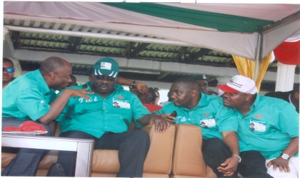 From left: Rivers State Governor, Rt Hon Chibuike Rotimi Amaechi, State Chairman,(PDP)  Chief Godpower Ake, former Secretary to the State Government ,Mr Magnus Abe and Chief of Staff, Government House and Director-General Amaechi Campaign Organisation, Chief Nyesom Wike, during a campaign rally at Tai LGA, recently.