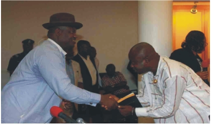 Rivers State Deputy Governor, Engr Tele Ikuru [left] congratulating Hon Sunny Edema as Caretaker Committee Chairman of Ahoada East Local Government Council, in Government House, Port Harcourt, yesterday.