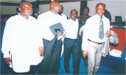 FRED06051103 L-R: Deputy Speaker, Rivers State House of Assembly, Hon Dumnamene Deekor, Leader of the House, Hon Chidi Lloyd, Hon Jones Ogbondah and Hon Emmanuel Okatta, stepping out of the Assembly Chambers after screening members of caretaker committee of 21 Local Government Areas of the state, on Wednesday.