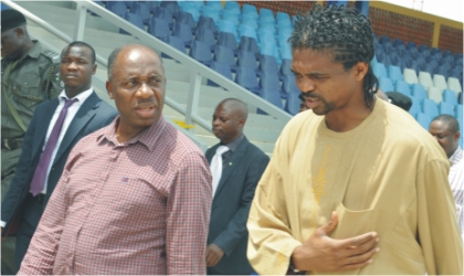 FRED10061101 Rivers State Governor,Rt.Hon. Chibuike Rotimi Amaechi (left) conducting Kanu Nwankwo round the new Games Village at the Greater Port Harcourt City, yesterday.