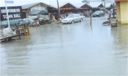 Flood at the St John’s Bus Stop, Oroworukwo by Aba Road after the heavy down pour in Port Harcourt, last Wednesday