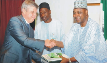 FRED29061102 From Left: Russian Ambassador to Nigeria, Mr Alexander Polyakov; Director of Protocool, Office of the Vice President, Mr Ladan Sidi, and Vice President Namadi Sambo, during Vice President's meeting with United Company Rusal, lead by the Russian Ambassador in Abuja on Monday.