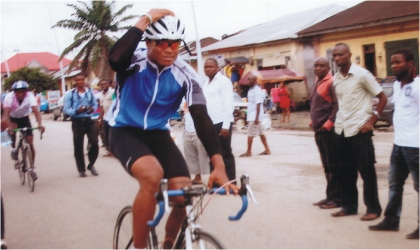 FRED30061101 One of the new talents in the National Sports Festival, Edward Osim of Rivers State, during cycling compeition yesterday.