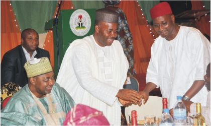 FRED02071102 From Left: Vice President Namadi Sambo; Guest Speaker, Governor Godswill Akpabio of Akwa Ibom; and NUJ President, Malam Garba Mohammad, at the N1billon NUJ fund raising dinner in Abuja on Thursday.