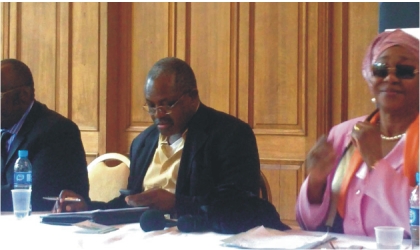 FRED05071102 From Left: Mr J.K Gadzama (SAN); representative of the Nigerian High Commissioner to the UK, Mr Akin Oyateru, and EFCC Chairman, Mrs Farida Waziri, at Nigeria's anti-corruption and executive forum on Nigeria in London on Sunday.