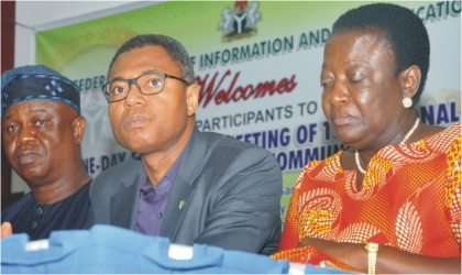 From Left: Director-general, National Broadcasting Commission (NBC), Mr Yomi Bolarinwa; Director-General, National Films and Video Censor Board, Mr Emeka Mba, and Managing Director, News Agency of Nigeria (NAN), Mrs Oluremi Oyo, at a special session of the National Council on Information and Communications in Abuja, yesterday