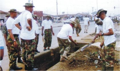 Soldiers from the 2nd Brigade of the Nigerian Army, Port Harcourt conducting Environmental Sanitation exercise in parts of Port Harcourt metropolis at the weekend as part of Nigeria Army Day Celebrations.