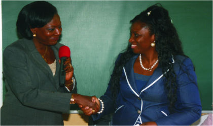 FRED13071101 Wife of the Rivers State Governor, Dame Judith Amaechi, exchanging pleasantries with Administrator Greater Port Harcourt City Development Authority, Dame Aleruchi Cookey-Gam shortly after making a donation to the ESI Feed a Child Project. Photo: Chris Monyanaga