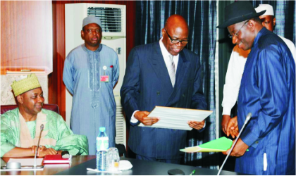 FRED13071102 From left: Vice President Namadi Sambo; Chairman, Arewa Consultative Forum, Gen. Jerry Useni, and President Goodluck Jonathan, during the President's meeting with Arewa Consultative Forum in Abuja, yesterday. Photo NAN