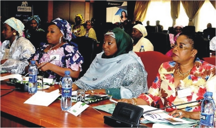 FRED22071101 From Right: First Lady, Dame Patience Jonathan, wife of the Vice President, Hajiya Amina Sambo, wife of Taraba State Governor, Hajiya Danbaba Suntai, and other governors' wives at a four-day retreat in Obudu Cattle Ranch, Cross River State, on Wednesday.