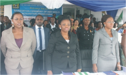 Wife of Rivers State Governor, Dame Judith Amaechi (middle) flanked by wife of the Deputy Governor, Dr Mina Ikuru (right) and wife of the Secretary to State Government, Mrs Stella Feyii, during the graduation of Young Women Entrepreneur at the Ministry of Women Affairs, on Wednesday.