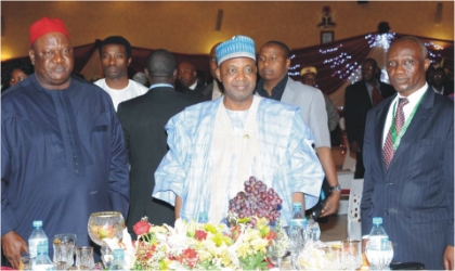 From Left:  Secretary to the Government of the Federation, Sen. Anyim Pius Anyim; Vice President Namadi Sambo, and Chairman, Board of Directors, Nigerians in Diaspora Organisation, Mr Ganiya Dada,  at  a  dinner in Abuja on Wednesday.