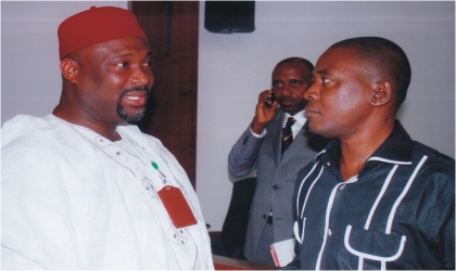 FRED03081101 Deputy Speaker, Rivers State House of Assembly, Hon Leyii Kwane (right) listening to the Leader of the House, Hon Chidi Lloyd at the House of Assembly complex, Port Harcourt, yesterday