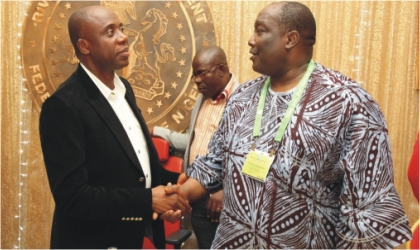 Rivers State Governor,  Rt. Hon. Chibuike Amaechi (left) in a handshake with Barr. Joseph B. Daudu SAN, President, Nigerian Bar Association, during a dinner with members of the NBA in Government House, Port Harcourt, last Thursday.