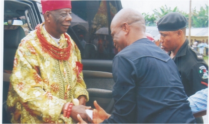 Hon Legborsi Nwidadah representing Khana 1 constituency in Rivers State House of Assembly (right) welcoming King G.N.K.Giniwa, President, Ogoni Supreme Council of Traditional Rulers, to the coronation ceremony of Chief Peter Sorye Erelo-Kote as paramount ruler at Kpean, last Saturday.