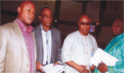 FRED02091102 Members of Rivers State House of Assembly. From right, Hon. Evans Bipi, Hon. Okechukwu Nwaogu, Hon. Legborsi Nwidadah and Hon. Miller Anderson after sitting at the Assembly complex, Monday. Photo: Chris Monyanaga