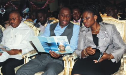 Rivers State Governor, Rt. Hon. Chibuike Amaechi (middle) his wife, Dame Judith Amaechi and the Deputy Governor of Bayelsa State, Hon. Werinipre Seibarugu during the service of songs for Late Madam Margaret Nnena Abe at the Civic Center, Port Harcourt, last Thursday.