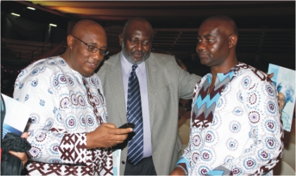 Barr O. C. J. Okocha SAN (middle), former President, Nigerian Bar Association, consoling Senator Magnus Abe (right) and his elder brother, Dr Noble Abe, at the funeral of their mother, late Madam Margaret Abe, Saturday.