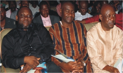 From Right: Former Rivers State Attorney General and Commissioner for Justice and  House of Representatives member, Hon. Ken Chikere, Sen. Magnus Abe and Mayor of Port Harcourt City, Hon. Chimbiko Akarolo during the service of songs for his late wife, Mrs. Caroline Chimbiko Akarolo at  Elekahia, Port Harcourt, Wednesday.