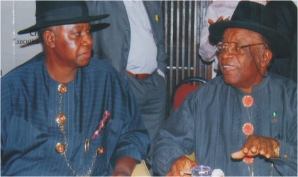 Former Military Administrator of Rivers State, Brig Gen Shehu Musa (rtd) (left), listening to Senator Tari Odo-Abaji, at the public presentation /launching of King Alfred Diete-Spiff’s  biography in Port Harcourt, yesterday