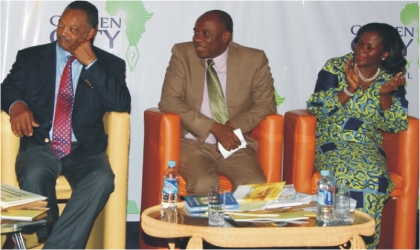 FRED16091103 From left, American Civil Rights Activist, Rev. Jesse Jackson, Rivers State Governor and Chief Host, Rt. Hon. Chibuike Rotimi Amaechi and Festival Director, Mrs. Koko Kalango of Rainbow Book Club at the opening of the 2011 Garden City Literary Festival in Port Harcourt, Wednesday.