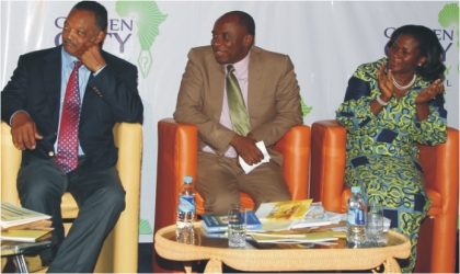 From left, American Civil Rights Activist, Rev. Jesse Jackson, Rivers State Governor and Chief Host, Rt. Hon. Chibuike Rotimi Amaechi and Festival Director, Mrs. Koko Kalango of Rainbow Book Club at the opening of the 2011 Garden City Literary Festival in Port Harcourt, Wednesday.