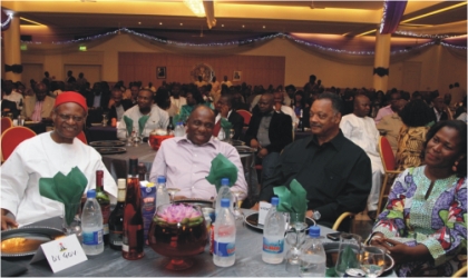 From Left: Former Commonwealth Secretary-General, Chief Emeka Anyaoku, Rivers State Governor and Chief Host, Rt. Hon. Chibuike Amaechi, American Civil rights activist, Rev. Jesse Jackson, and Festival Director, Mrs. Koko Kalango at a dinner in Government House, Port Harcourt as part of the 2011 Garden City Literary Festival, last Thursday.