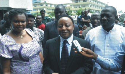 FRED21091101 Secretary to State Government, Mr George Feyii, flanked by the Head of Service, Mrs Esther Anucha and the Permanent Secretary, Special Services Bureau, Mr Sovens Okari, speaking on the fire incident at the state secretariat complex, Port Harcourt.