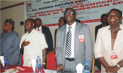 From Left: Former Ogun State Governor, Chief Segun Osoba, Governor Adams Oshiomhole of Edo State, President, Nigeria  Guild of Editors, Mr Gbenga Adefaye and Managing Director, News Agency of Nigeria, Mrs Oluremi Oyo at the opening of  the 7th All Nigeria Editors  Conference in Benin, yesterday.