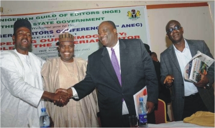 From Left: Minister of Information, Mr Labaran Maku; Speaker, House of Representatives, Alhaji  Aminu Tambuwal; President, Nigeria Bar Association, Mr Joseph Daudu, and President, Nigerian Guild of Editors, Mr Gbenga Adefaye, after a paper on Danger Signals to Nigeria's Democracy at the recently concluded All Nigeria Editors Conference in Benin, last Friday